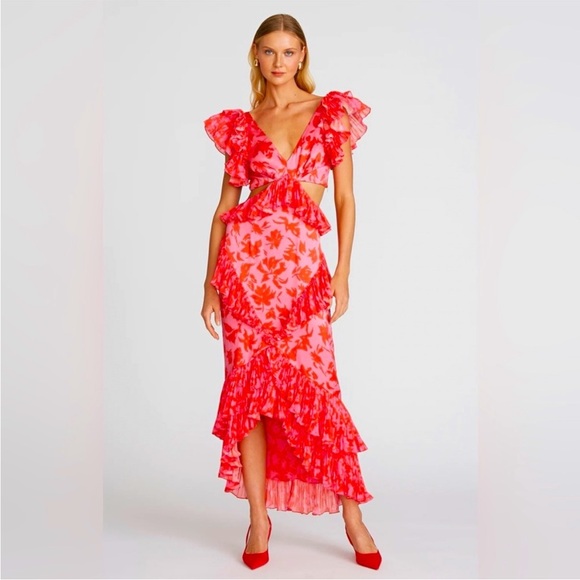 AMUR Dresses & Skirts - AMUR Gen Silk Cutout Dress in Plumeria Pink Abstract Floral